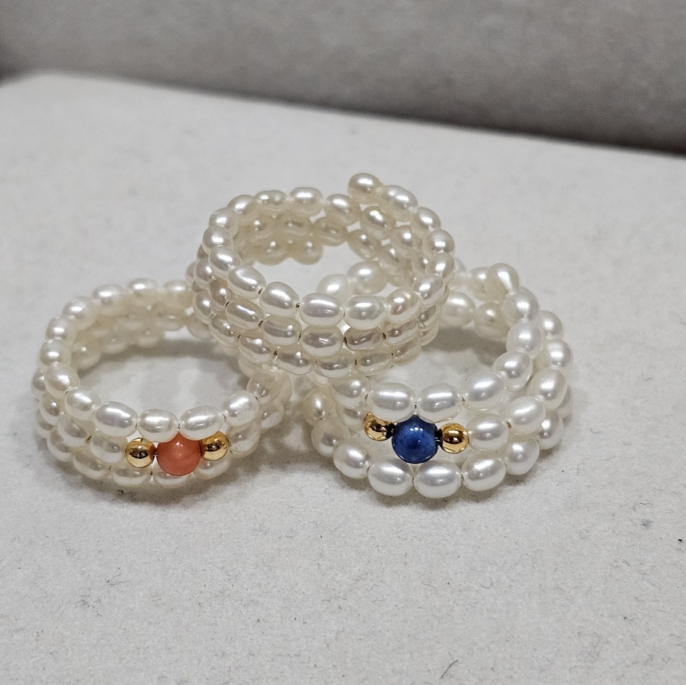 Freshwater Pearl Gemstone Wrap Rings Adjustable Set of Three
